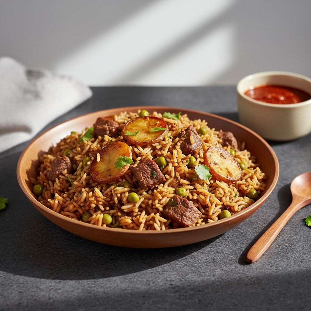 A brown ceramic bowl filled with what appears to be beef or lamb pilaf, featuring the aroma of onion and spices. The pilaf...